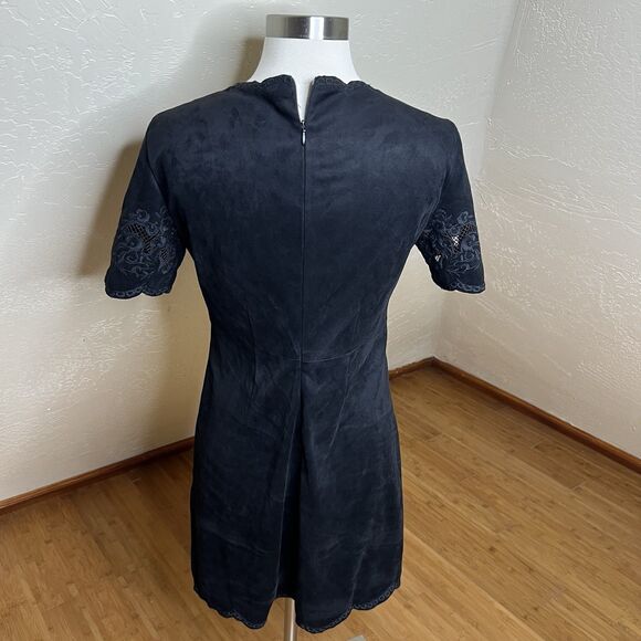 Zara Mini Dress Womens Small Black Micro Suede Cutout Floral Embroidery - Picture 7 of 8